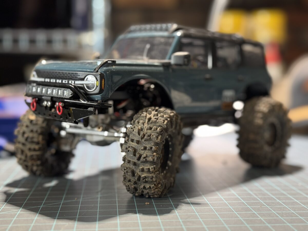 TRX4m Bronco in Area 51 color, low front angle